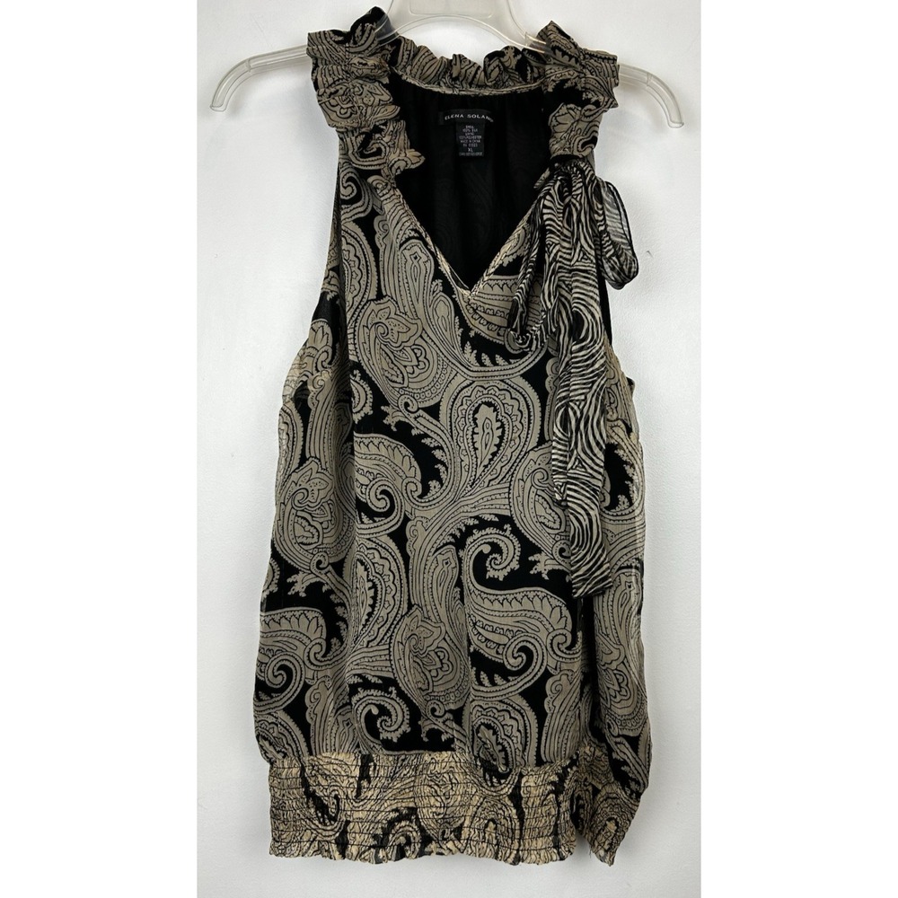 Elena Solano Top Womens XL Blouse Sleeveless Silk Beige Bow Elastic Hem